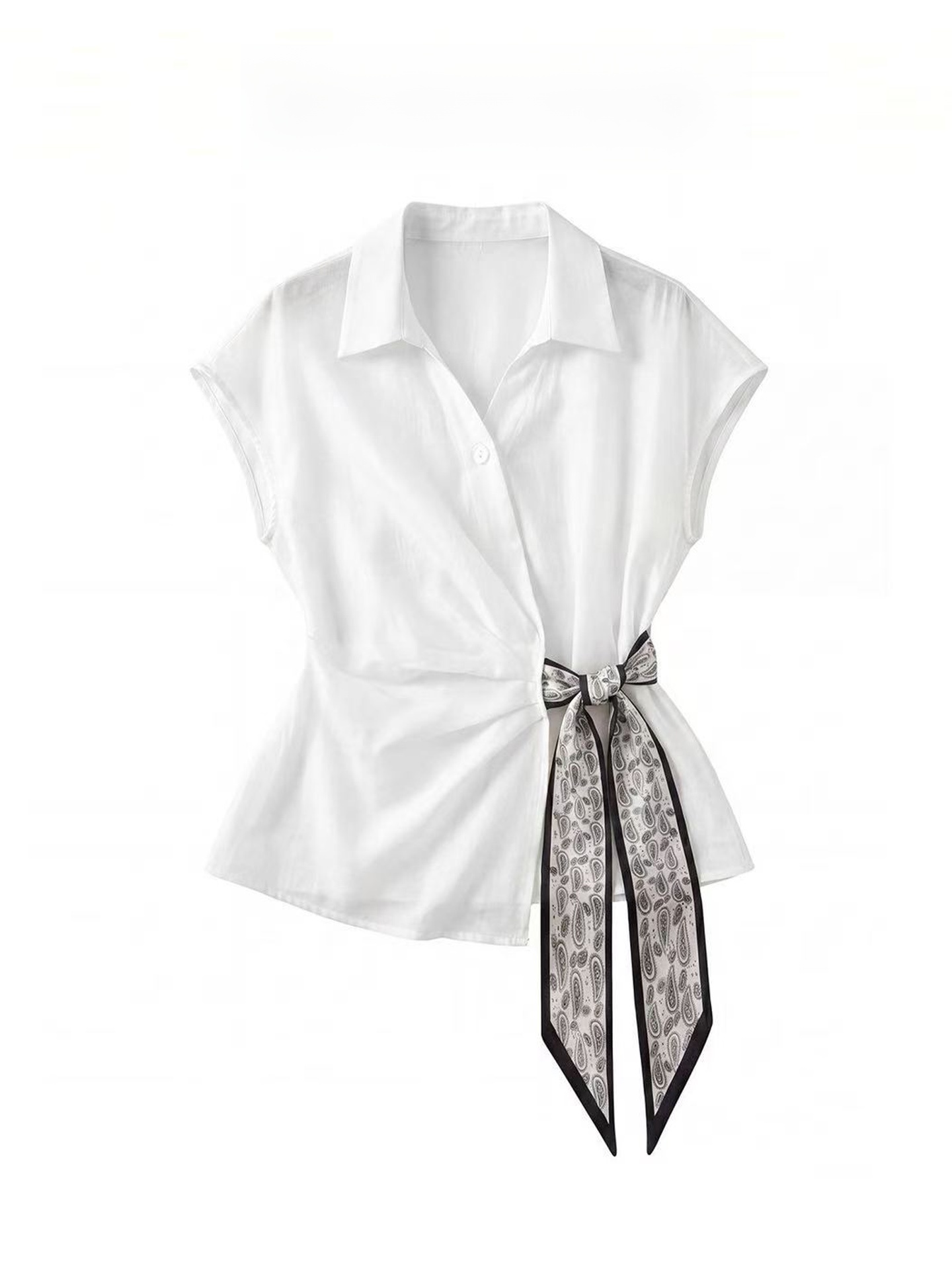 Corset Waist Cinch - Elegancka biała bluzka z krótkim rękawem